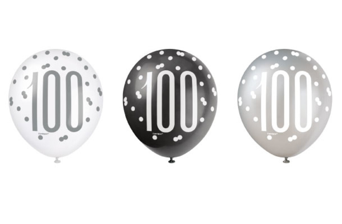 Ballonnen 100 jaar - zwart/zilver/wit - 6 stuks