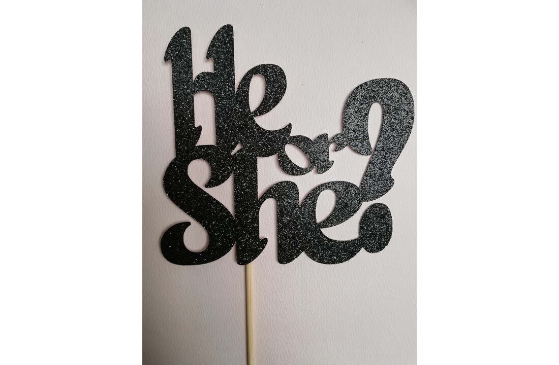 Gender reveal Taarttopper He or She? - zwart met glitters