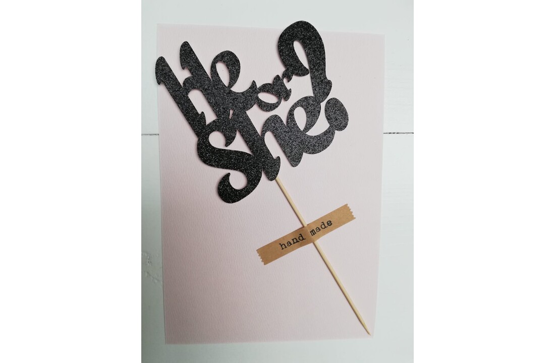 Gender reveal Taarttopper He or She? - zwart met glitters