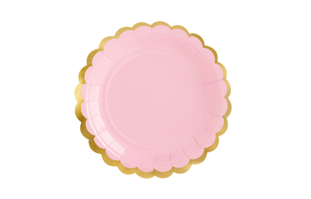 Papieren bordjes - roze met gouden rand - 6 stuks