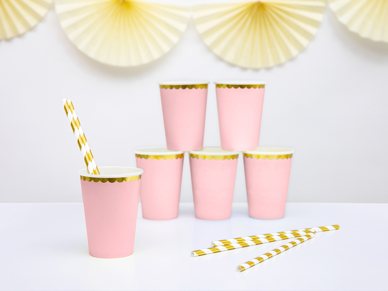 Papieren bekers - roze met gouden rand - 6 stuks