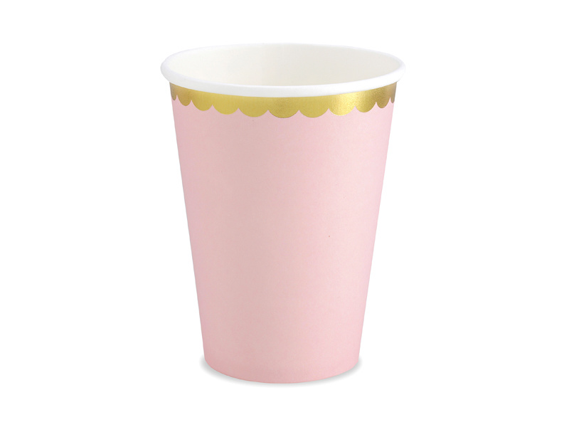 Papieren bekers - roze met gouden rand - 6 stuks