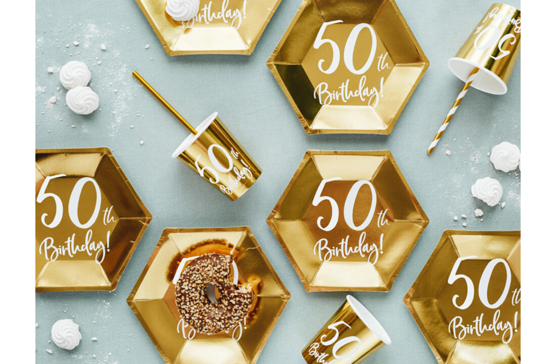 Papieren bekers - 50th birthday - goud - 6 stuks