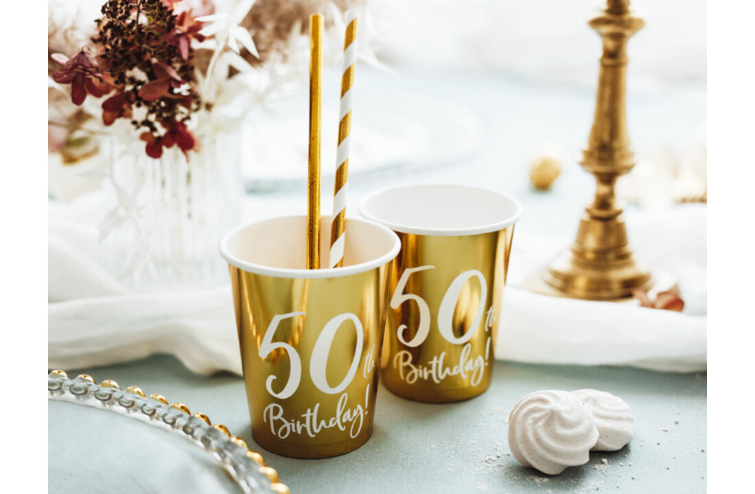 Papieren bekers - 50th birthday - goud - 6 stuks