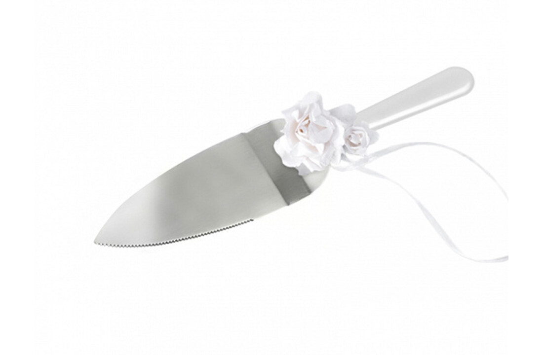 Taartset met witte glitterbloemen - Taartmes + taartschep