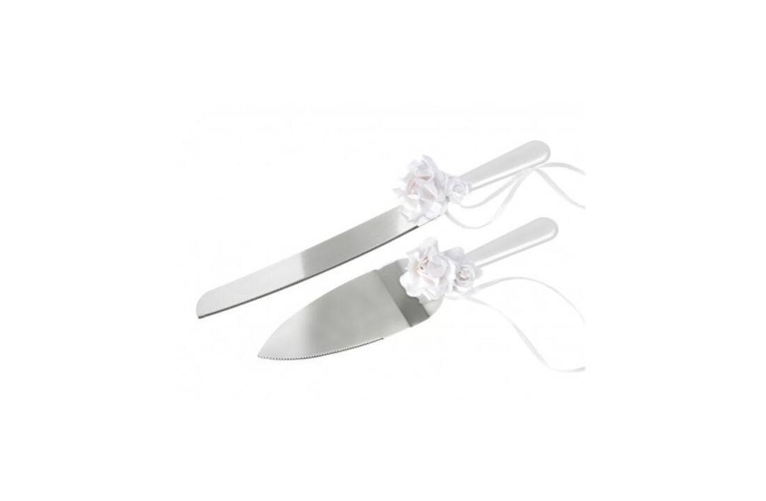 Taartset met witte glitterbloemen - Taartmes + taartschep