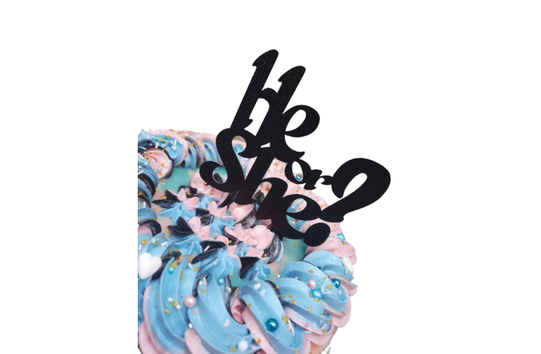 Gender reveal Taarttopper He or She? - zwart met glitters