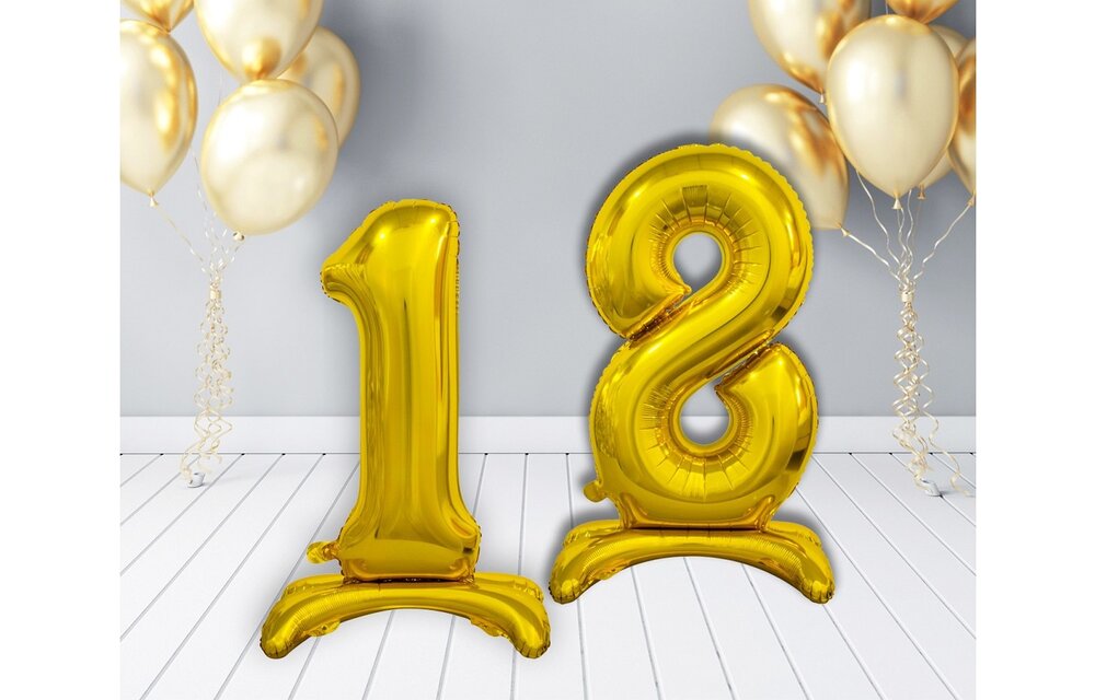 Folieballon cijfer met standaard 0 t/m 9 goud - 76 cm