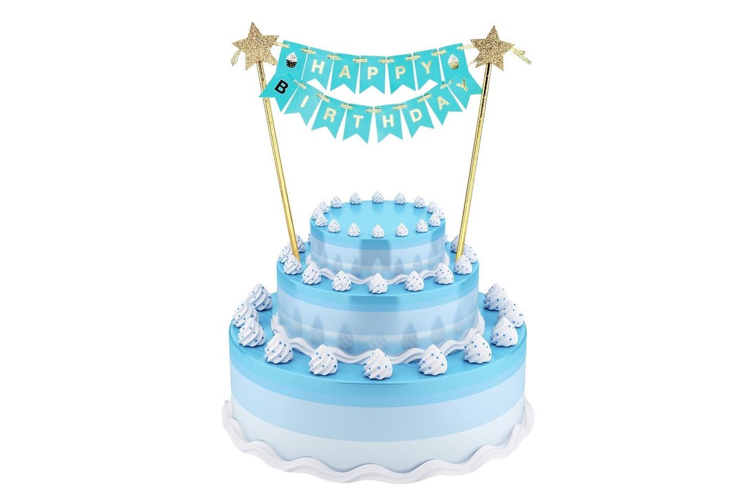 Taarttopper - Happy Birthday - Vlaggetjes - Blauw