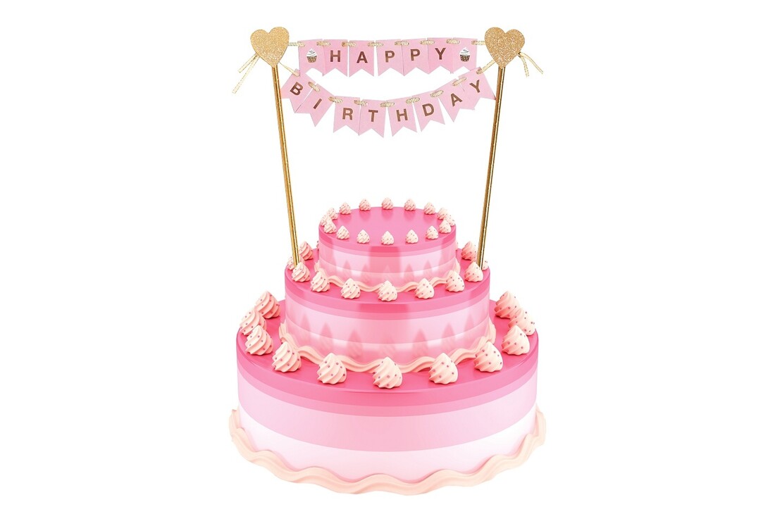 Taarttopper - Happy Birthday - Vlaggetjes - Roze