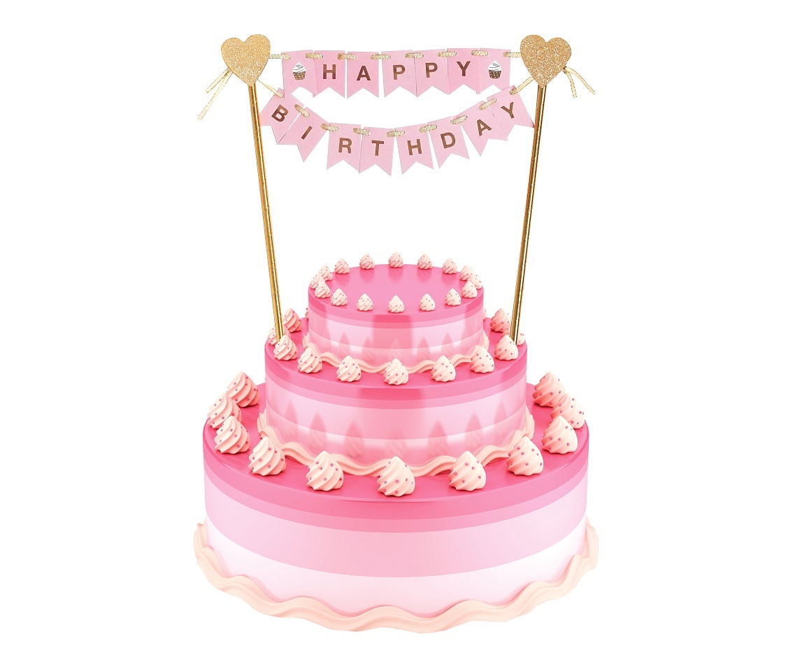 Taarttopper - Happy Birthday - Vlaggetjes - Roze