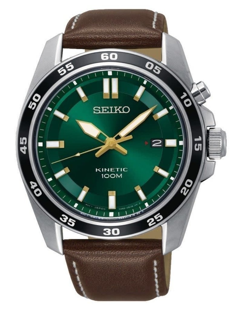 Seiko Seiko Heren Horloge SKA791P1 Kinetic Staal Groen Wijzerplaat en Bruin Leren Horlogeband