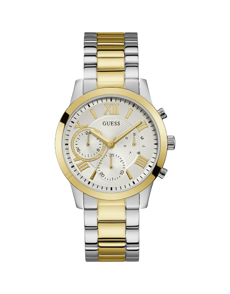 Guess W1070L8 Horloge dames Ladies Dress Staal i.c.m goldplating  met idem band en witte wijzerplaat met geel gouden accenten