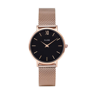 Cluse Cluse Horloge CW0101203003 Minuit Mesh Staal met Roségouden Plating  met Zwarte Wijzerplaat