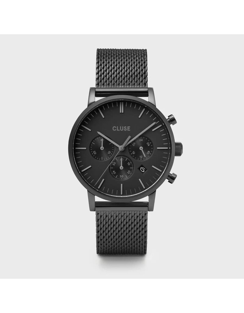Cluse CW0101502007 40 mm heren horloge zwart plated idem mesh band met zwarte wijzerplaat - Blinckers Jewels & Watches