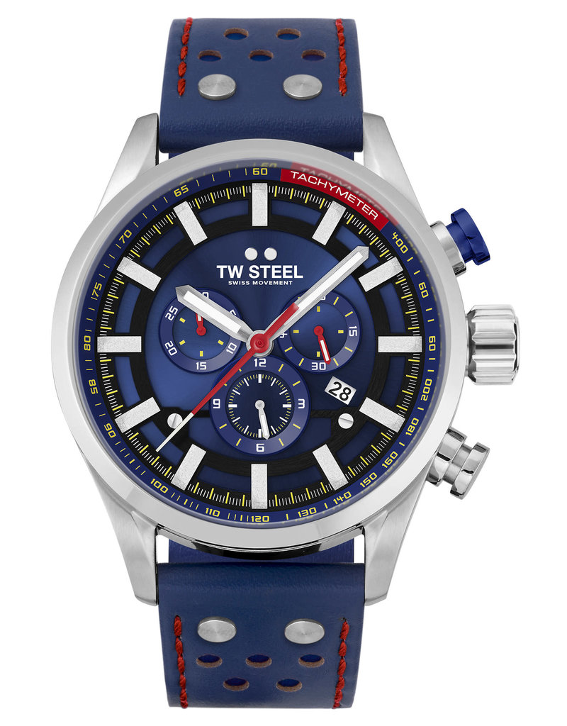 TW Steel TW Steel Horloge Heren SVS206 Staal 48mm met Blauwe Wijzerplaat en Blauw Leren Horlogeband