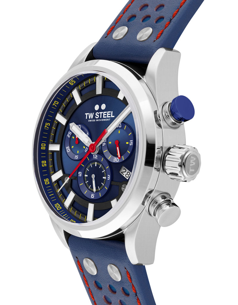 TW Steel TW Steel Horloge Heren SVS206 Staal 48mm met Blauwe Wijzerplaat en Blauw Leren Horlogeband