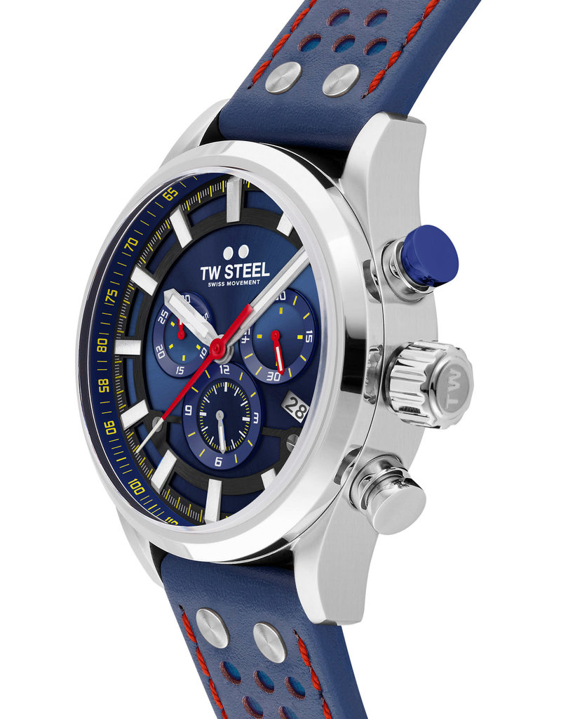 TW Steel SVS 206 horloge heren staal 48 mm blauwe wijzerplaat blauw leren  band met rode stiksels - Blinckers Jewels \u0026 Watches