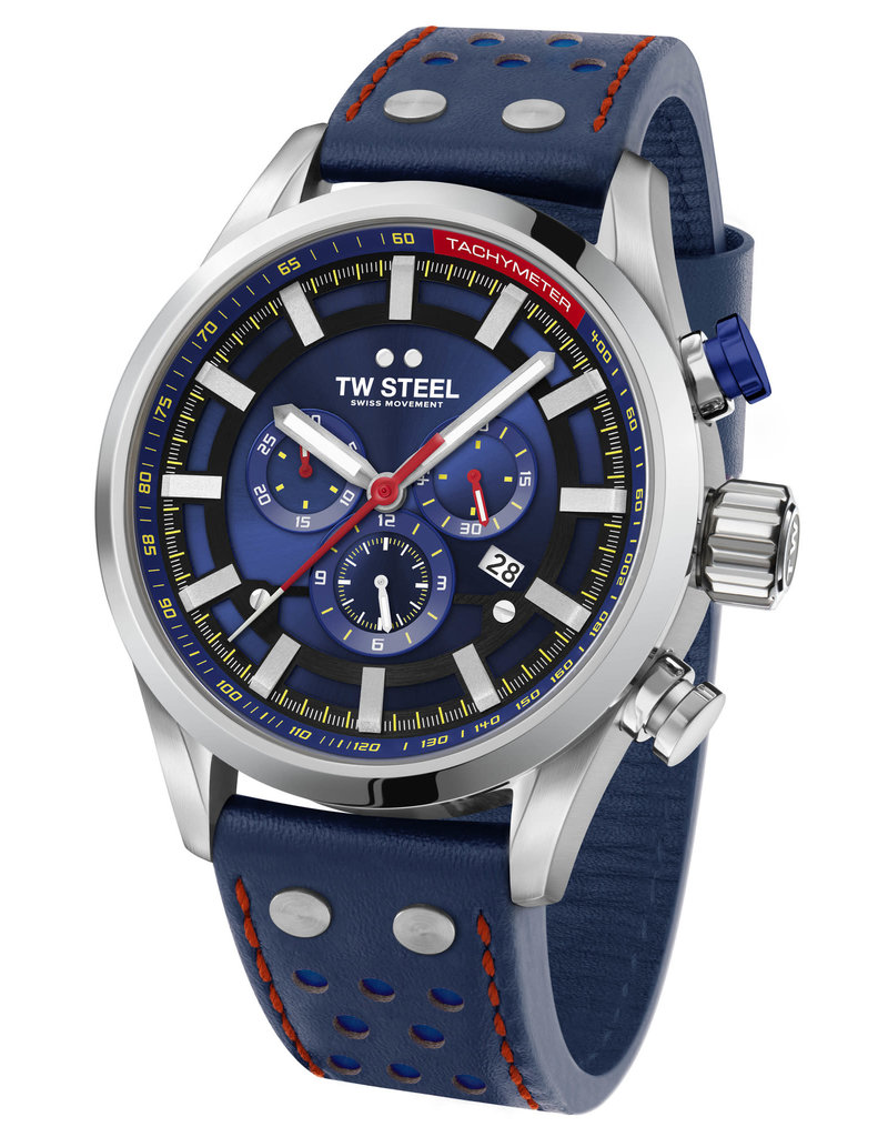 TW Steel TW Steel Horloge Heren SVS206 Staal 48mm met Blauwe Wijzerplaat en Blauw Leren Horlogeband