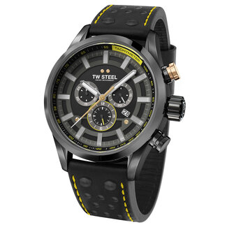 TW Steel TW Steel Horloge Heren SVS207 Staal 48mm met Zwart Plated Kast en Zwart leren horlogeband