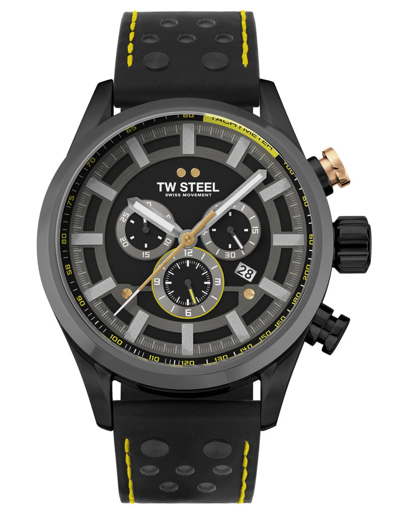 TW Steel TW Steel Horloge Heren SVS207 Staal 48mm met Zwart Plated Kast en Zwart leren horlogeband