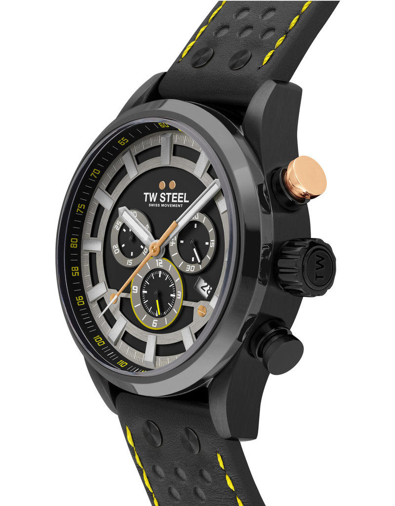 TW Steel TW Steel Horloge Heren SVS207 Staal 48mm met Zwart Plated Kast en Zwart leren horlogeband