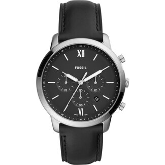 Fossil Fossil Horloge FS5452 Staal Quartz Chronograaf met Zwarte Wijzerplaat en Zwart Leren Horlogeband