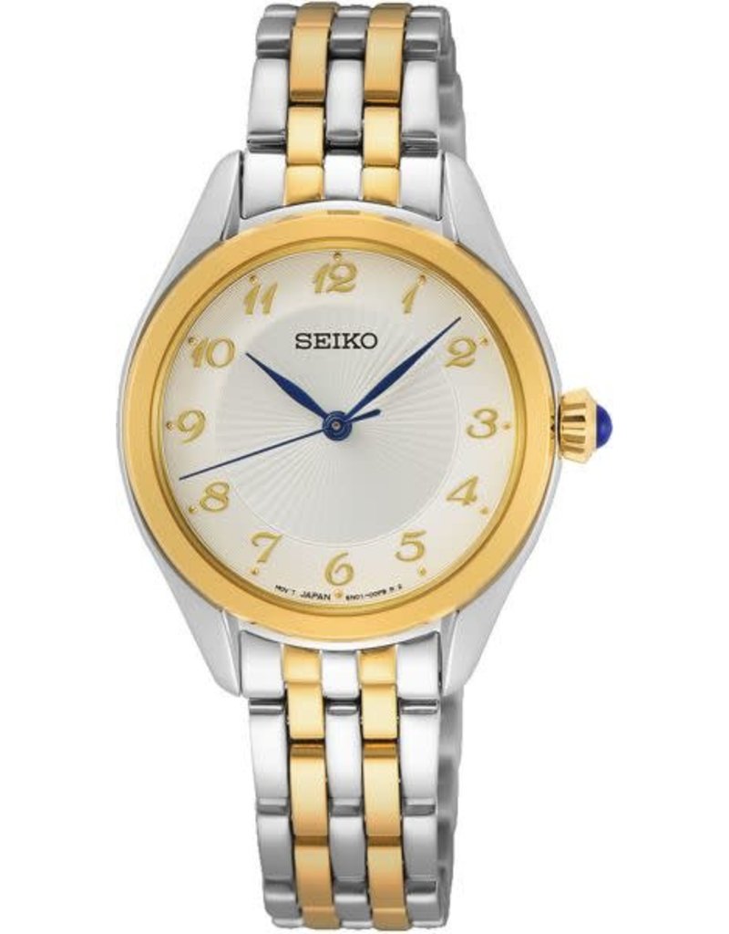 Seiko Seiko SUR380P1 Horloge dames staal bi-color luxe witte wijzerplaat met gouden cijfers en staalblauwe wijzers