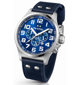 TW Steel TW Steel Horloge Heren TW403 Chronograaf Pilot in Staal 48mm met Blauwe wijzerplaat en Blauw Leren horlogeband