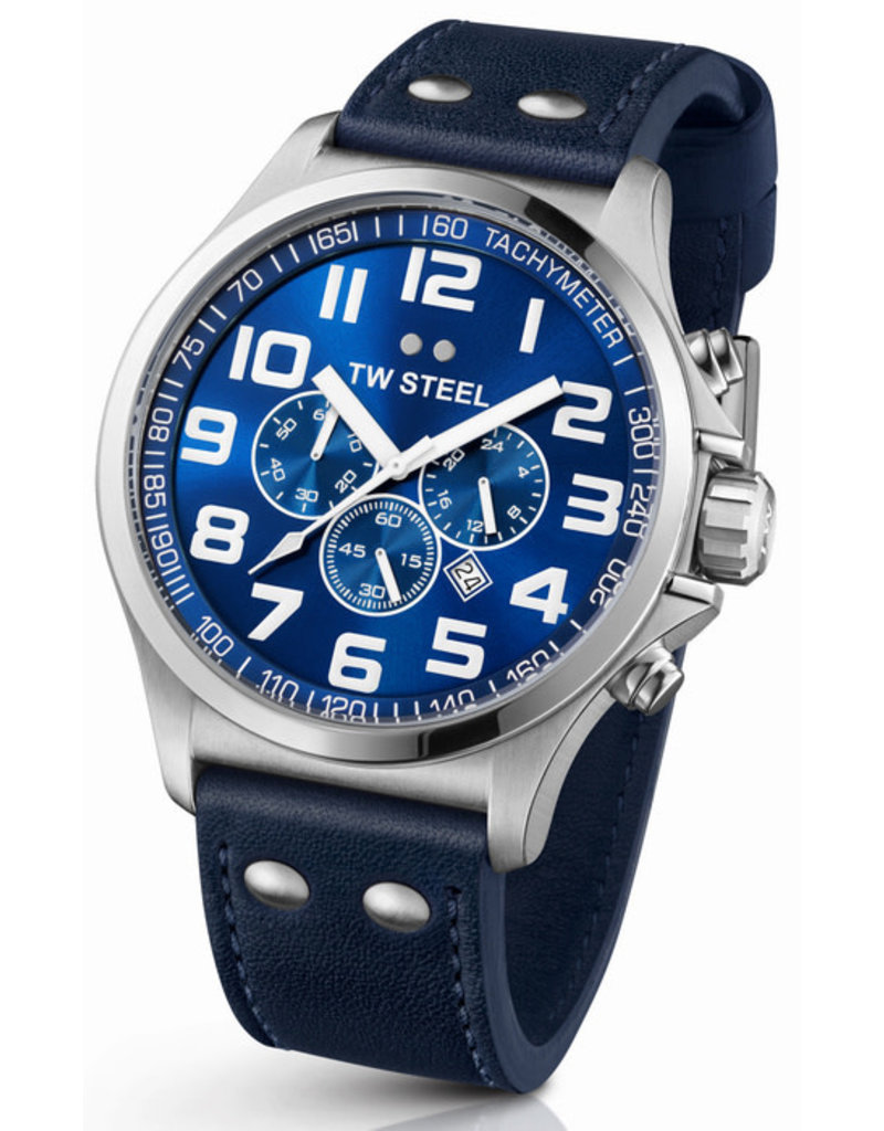 TW Steel TW Steel Horloge Heren TW403 Chronograaf Pilot in Staal 48mm met Blauwe wijzerplaat en Blauw Leren horlogeband