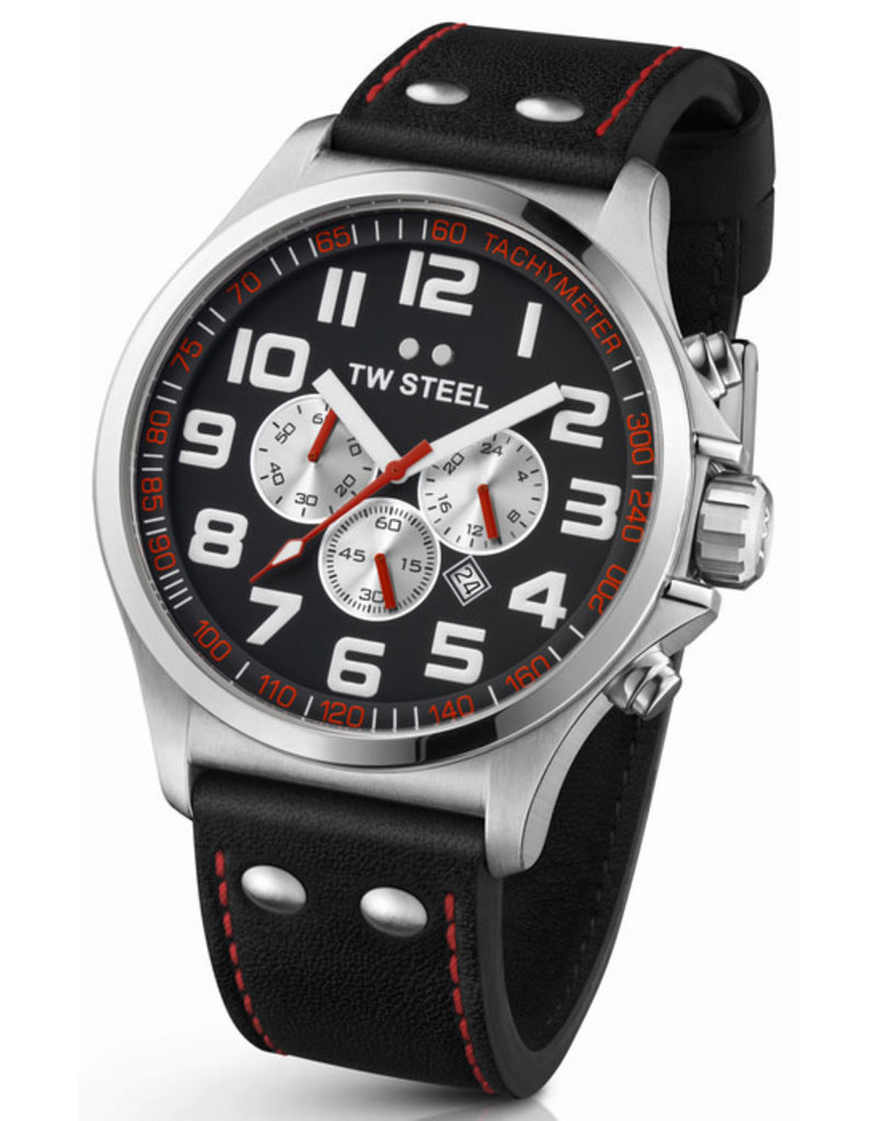TW Steel TW415 horloge heren staal chrono 48 mm zwarte wijzerplaat met rode  accenten en idem leren band - Blinckers Jewels \u0026 Watches