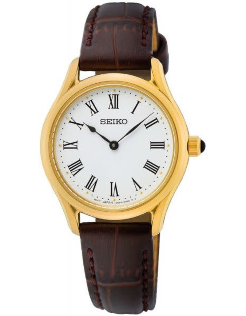 Seiko Seiko SWR072P1 horloge dames staal goldplated, witte wijzerplaat, bruine croco lederen band  en saffier glas