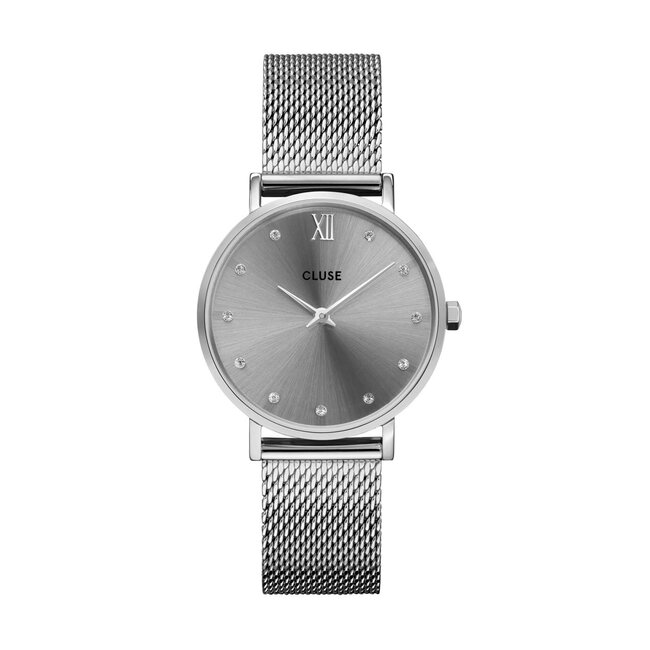 Cluse Cluse CW10203 horloge dames staal met mesh band, zilveren wijzerplaat en zirconia