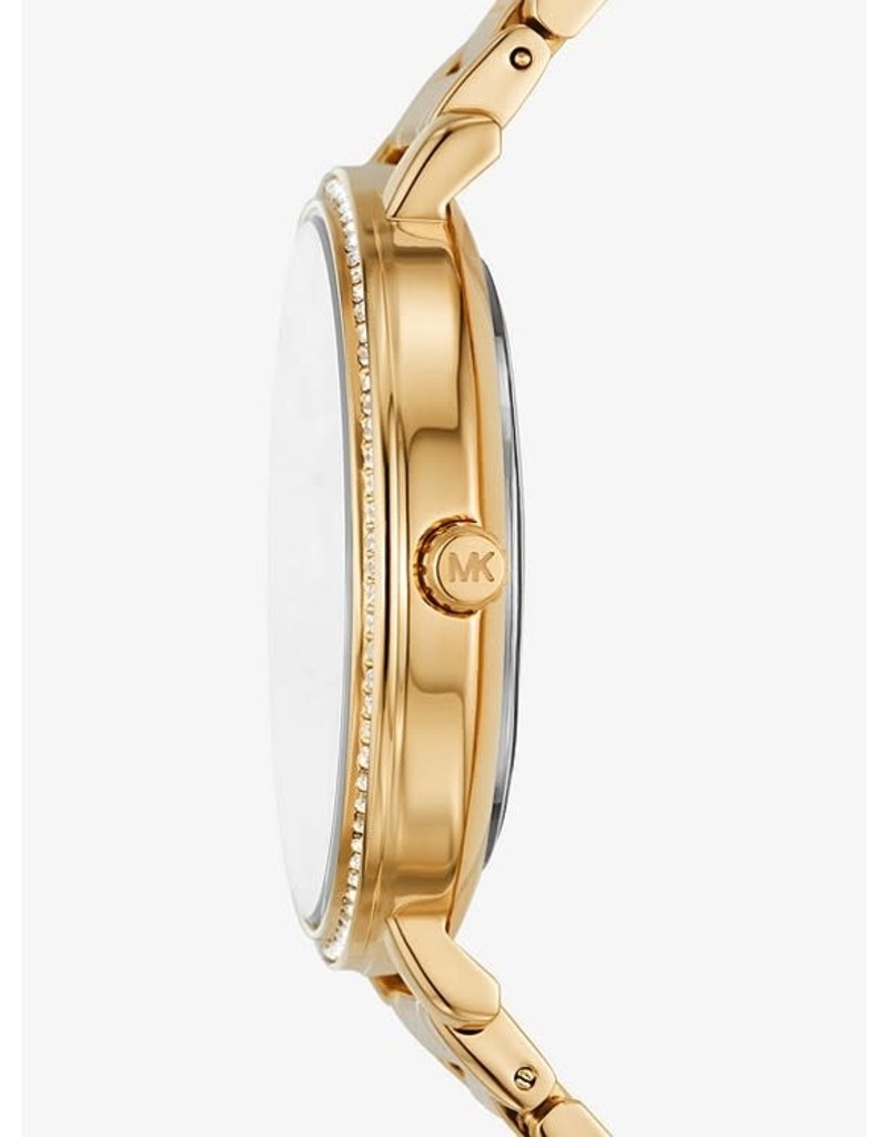 Michael Kors Michael Kors MK4593 horloge dames staal goldplated met zwarte wijzerplaat met MK motief en zirkonia's