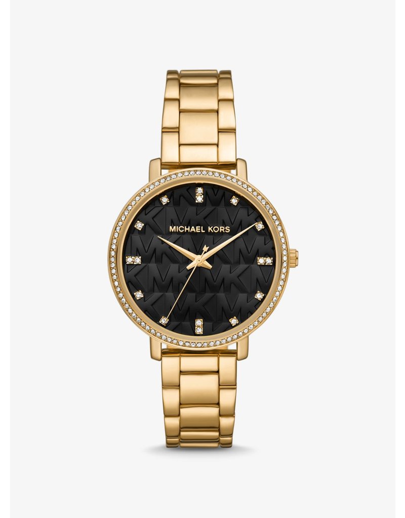 Michael Kors Michael Kors MK4593 horloge dames staal goldplated met zwarte wijzerplaat met MK motief en zirkonia's