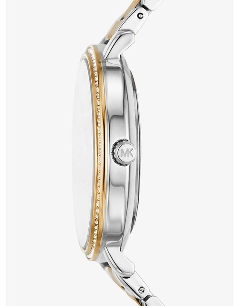 Michael Kors MK4595 horloge dames staal bi-color met witte wijzerplaat voorzien van MK  preeg en gouden accenten