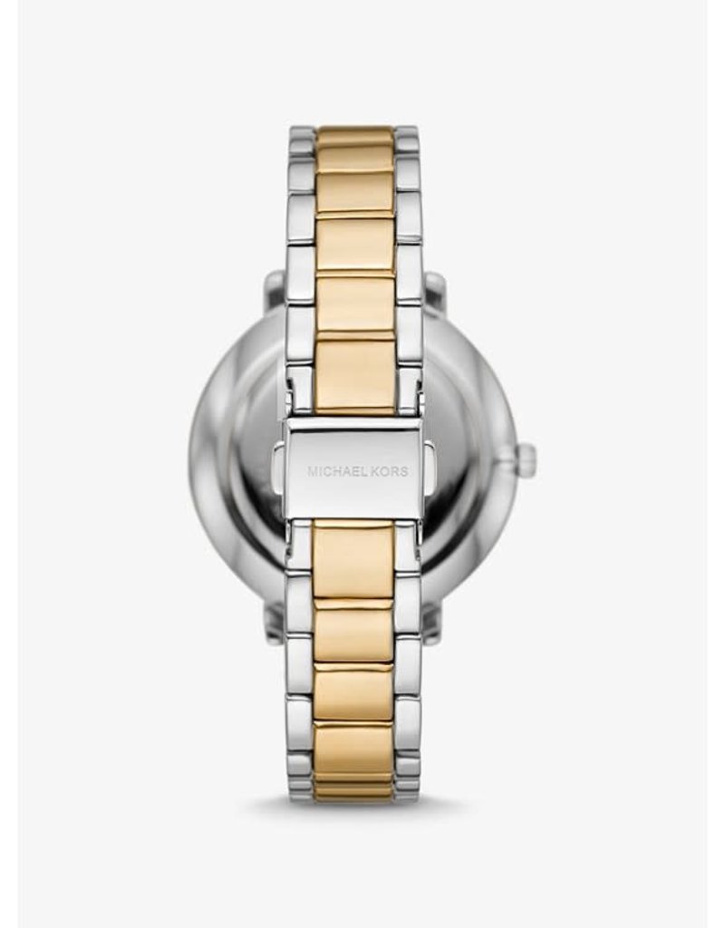 Michael Kors MK4595 horloge dames staal bi-color met witte wijzerplaat voorzien van MK  preeg en gouden accenten