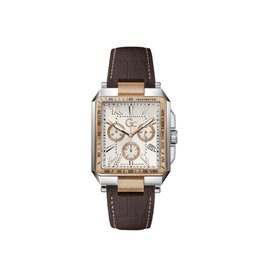 GC GC Heren Horloge Z06002G1MF Staal Bi-color Swiss Made Quartz Vierkant met Bruin Leren Horlogeband