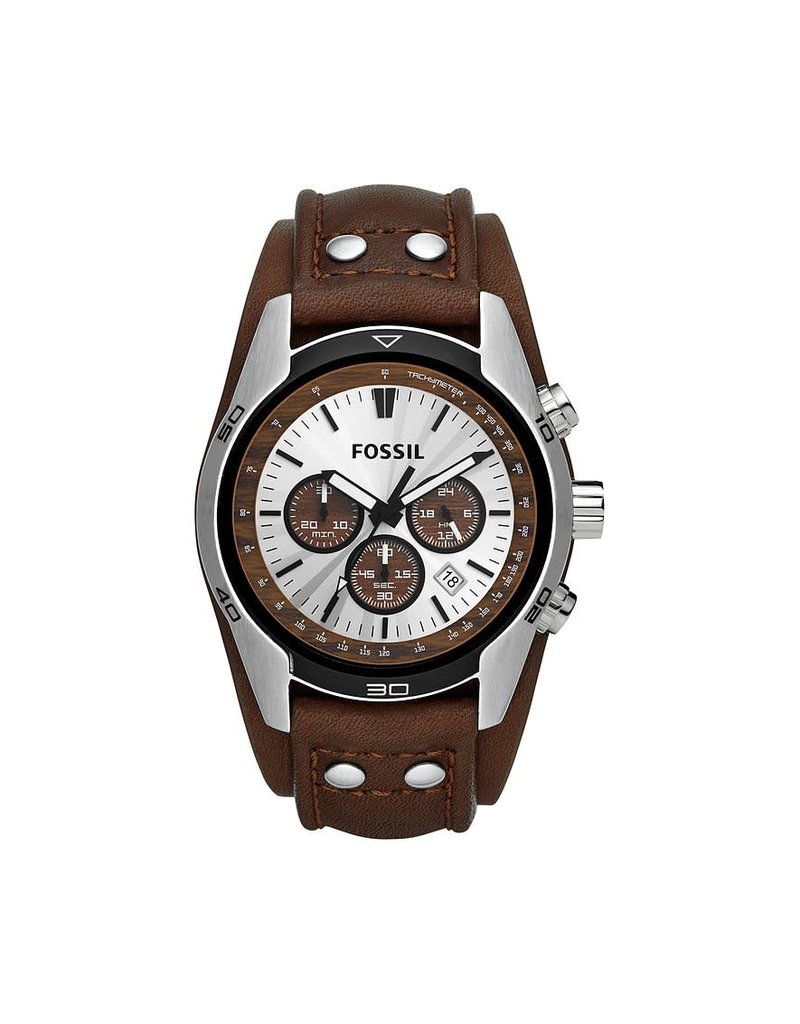 Fossil Fossil CH2565 horloge heren staal chrono met leren band, vintage sunray zilveren wijzerplaat en zwarte accenten