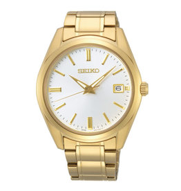Seiko Seiko SUR314P1 horloge staal goldplated 40 mm, witte wijzerplaat en gouden accenten, datum, saffierglas en vouwsluiting