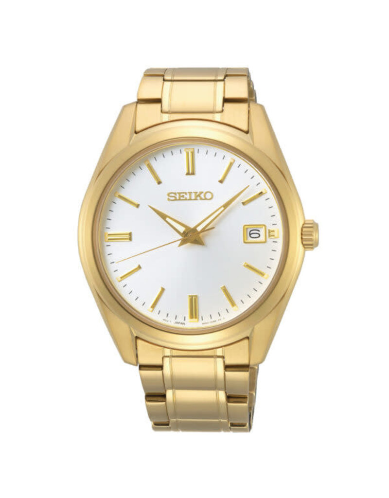 Seiko Seiko SUR314P1 horloge staal goldplated 40 mm, witte wijzerplaat en gouden accenten, datum, saffierglas en vouwsluiting