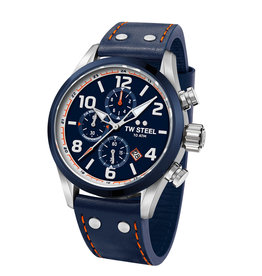 TW Steel TW Steel VS90 horloge heren chronograaf staal met blauw plated bezel en blauwe leren band met ornaje stiksels
