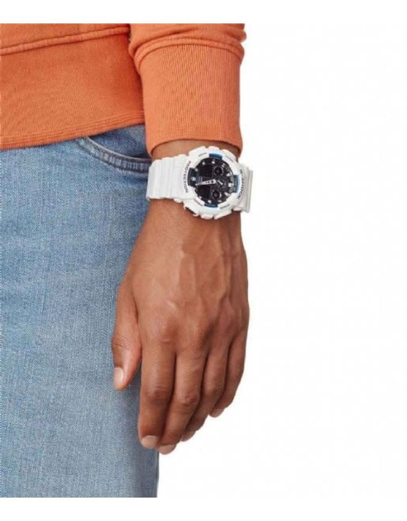 Casio-G Shock Casio G-Shock GA-100B-7AER horloge anadigi in wit met blauwe accenten en zwarte wijzerplaat