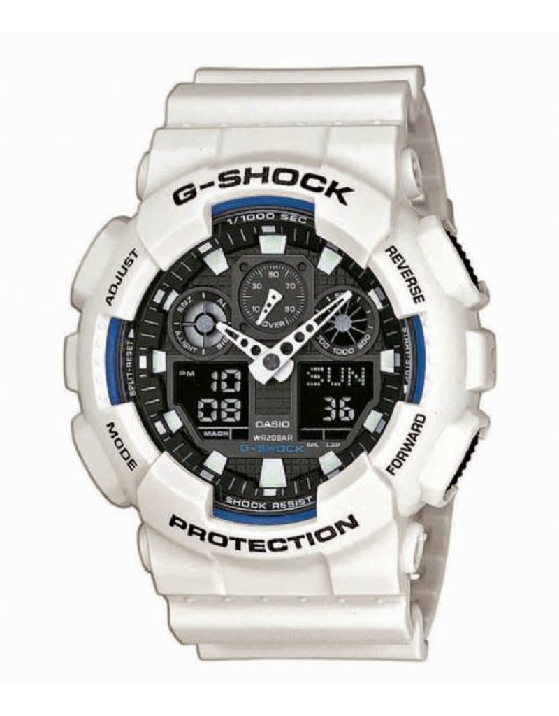 Casio-G Shock Casio G-Shock GA-100B-7AER horloge anadigi in wit met blauwe accenten en zwarte wijzerplaat