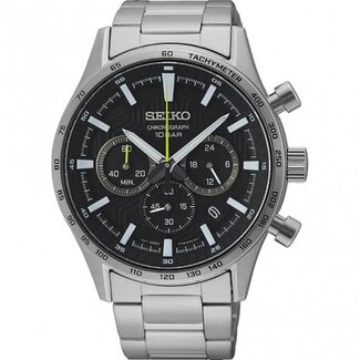 Seiko Seiko Horloge SSB413P1 Staal Quartz Chronograaf Saffier Glas 100m Waterdicht met Zwarte Wijzerplaat 43mm