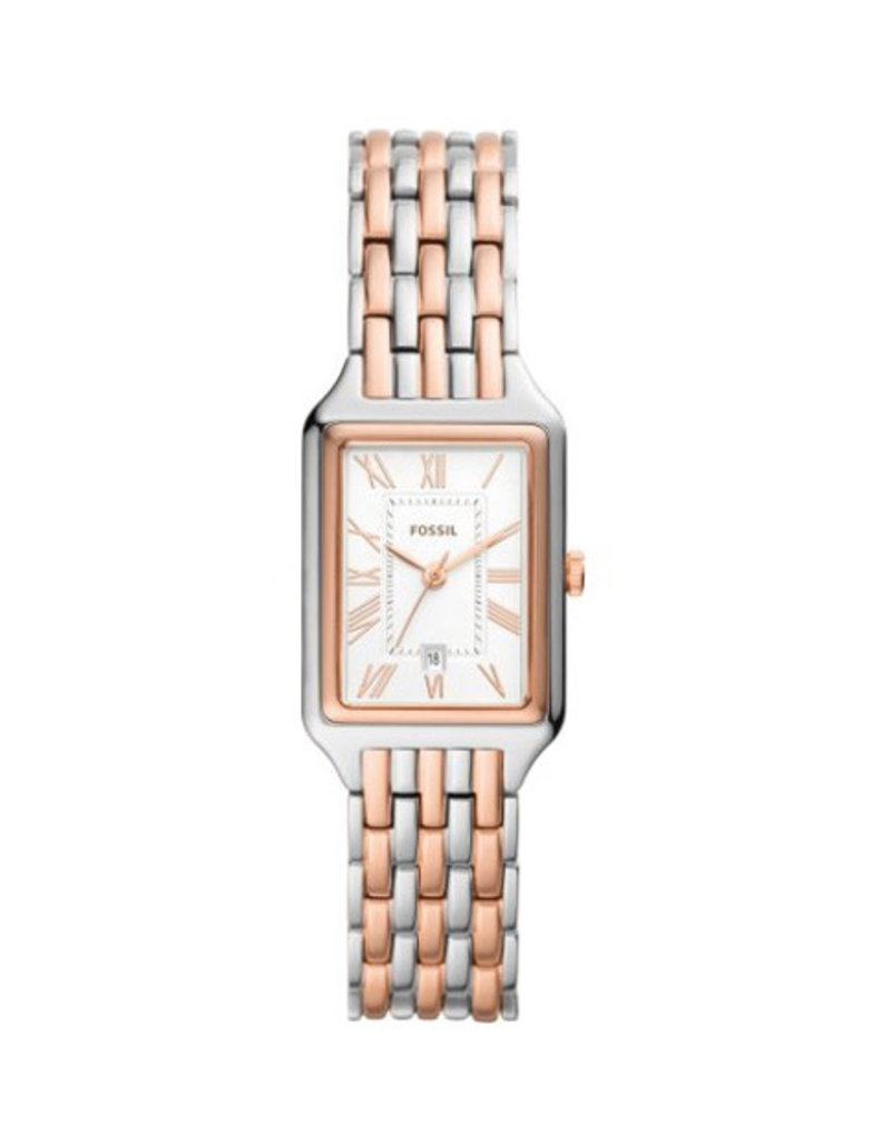 Fossil Fossil ES5222 horloge dames rechhhoek in staal / rosé bicolor  small 2.8 cm breed en 3 cm hoog 7 mm dikte