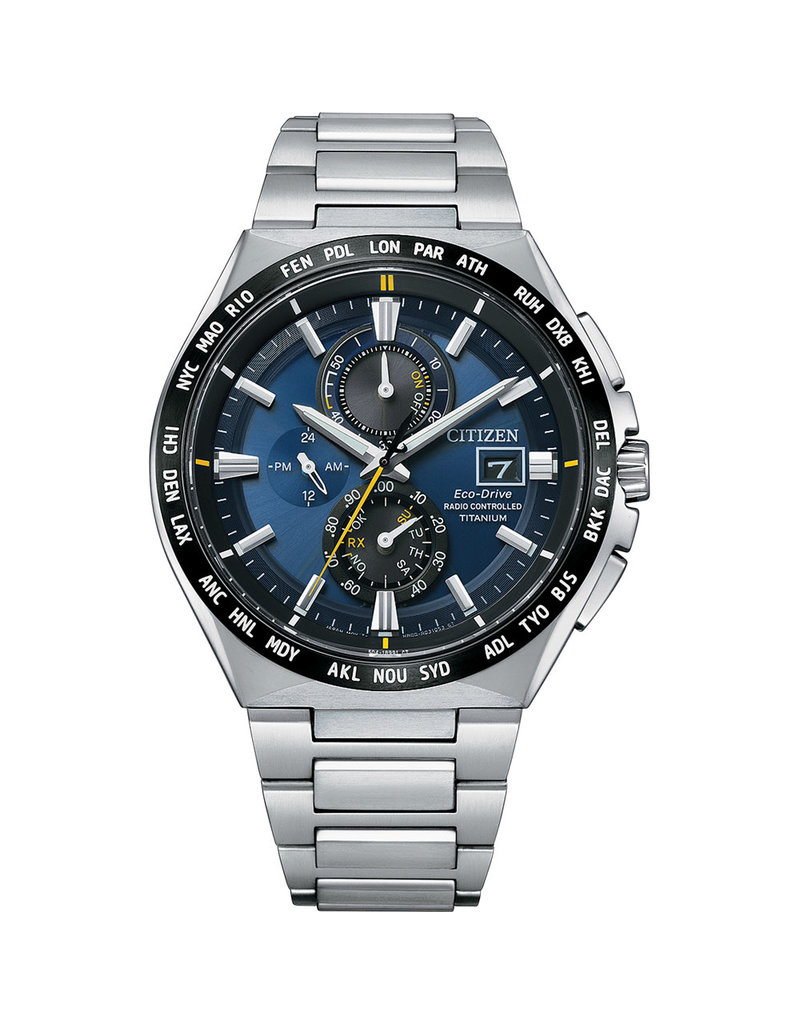 Citizen Citizen CB5945-85L horloge heren titanium blauwe wijzerplaat met sportieve rode accenten  ecodrive worldtimer