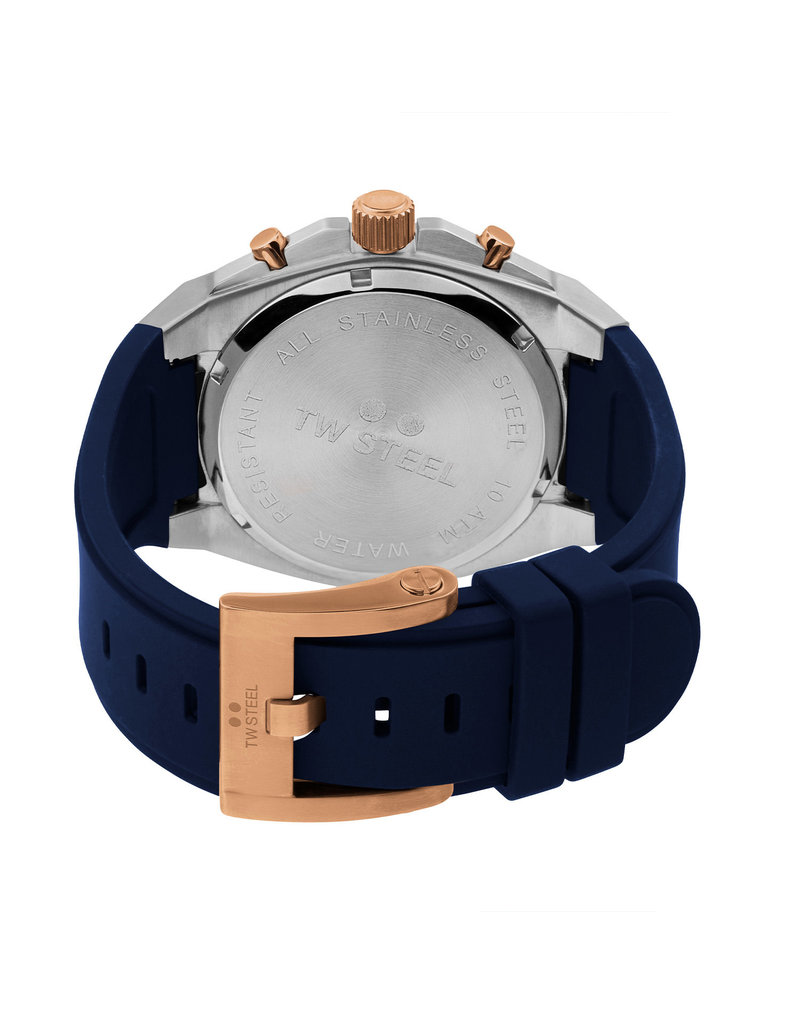 TW Steel TW Steel Horloge Heren CE4105 Chronograaf Staal 44mm met Rosegoud en Blauwe Siliconen Horlogeband