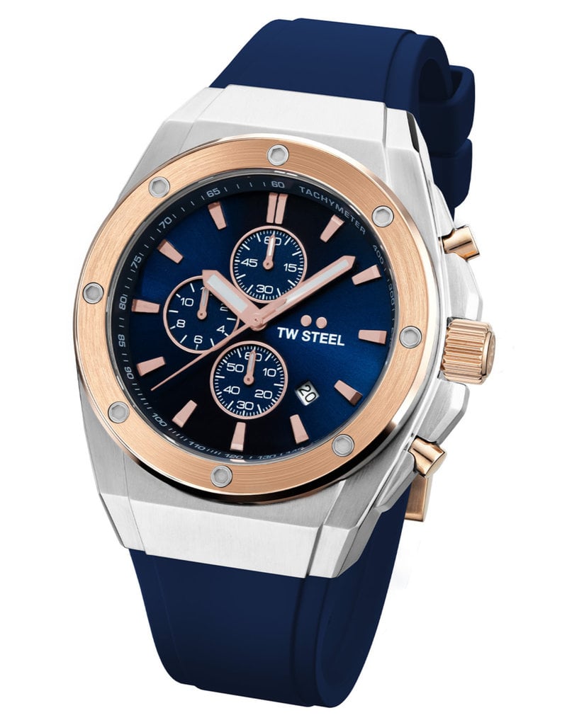 TW Steel TW Steel Horloge Heren CE4105 Chronograaf Staal 44mm met Rosegoud en Blauwe Siliconen Horlogeband