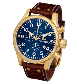 TW Steel TWSTEEL VS114 heren horloge met geelgoude kast en donkerblauwe wijzerplaat en bruine krokodillenleren band